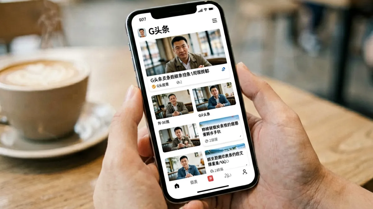 用户在手机屏幕上浏览G头条热议话题列表，屏幕显示多条热门新闻卡片