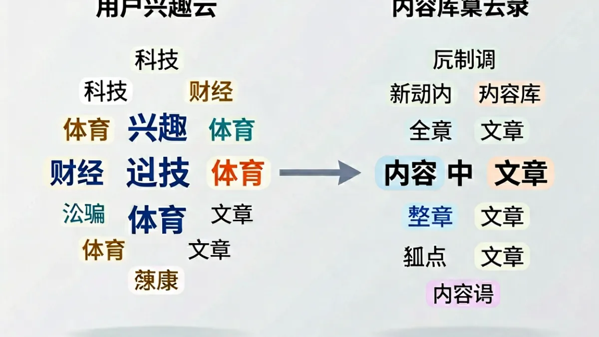 G头条推荐算法示意图，展示用户兴趣向量与内容标签匹配的双塔召回流程