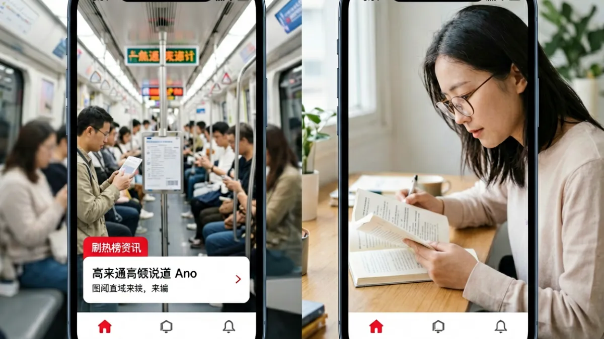 G头条多场景使用示意，展示通勤刷资讯与垂直内容订阅的用户使用习惯